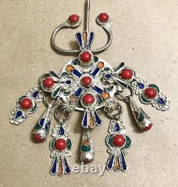 Broche paire de fibules berbères marocaines en argent vintage émaillé 3x3,5 bijoux ethniques.