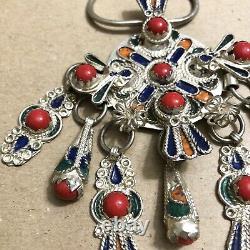 Broche paire de fibules berbères marocaines en argent vintage émaillé 3x3,5 bijoux ethniques.