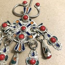 Broche paire de fibules berbères marocaines en argent vintage émaillé 3x3,5 bijoux ethniques.