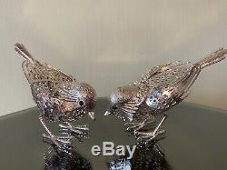 Christofle D'argent Vintage Lumiere Argent Paire De Sculptures D'oiseaux Sparrow