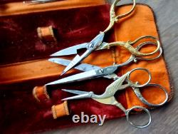 Ciseaux vintage Clauss USA et SEC/Solingen dans étui en cuir