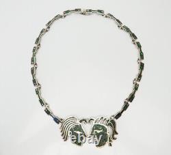 Collier lourd en argent sterling incrusté de motifs tribaux aztèques vintage, Mexique.