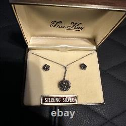 Combo de boucles d'oreilles et collier en argent sterling vintage avec motif floral