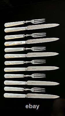 Couteau et fourchette à dessert en argent sterling anglais vintage en nacre 6 paires dans une boîte