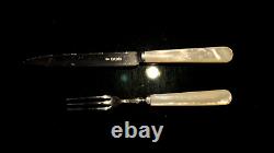 Couteau et fourchette à dessert en argent sterling anglais vintage en nacre 6 paires dans une boîte