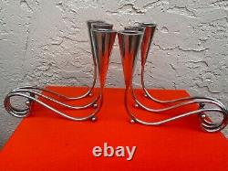 Estate Vintage Pair Mexican Modernist Sterling Silver Triple Candelabras 1162 Gr