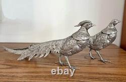 Figurine d'art vintage en argent d'alpaga d'Italie, paire de faisans 13,3 et 12,5, signée