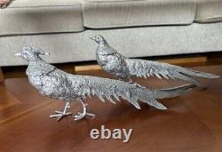 Figurine d'art vintage en argent d'alpaga d'Italie, paire de faisans 13,3 et 12,5, signée