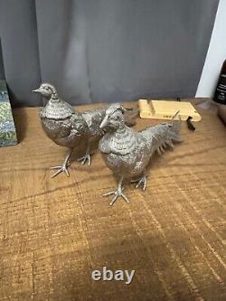 Figurine d'art vintage en argent d'alpaga d'Italie, paire de faisans 13,3 et 12,5, signée
