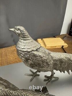 Figurine d'art vintage en argent d'alpaga d'Italie, paire de faisans 13,3 et 12,5, signée