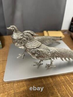 Figurine d'art vintage en argent d'alpaga d'Italie, paire de faisans 13,3 et 12,5, signée