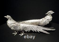 Figurines d'oiseaux faisan en métal ITALIE Vtg mâle/femelle paire plaque d'argent 11,5 pouces de long