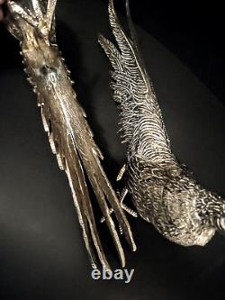 Figurines d'oiseaux faisan en métal ITALIE Vtg mâle/femelle paire plaque d'argent 11,5 pouces de long