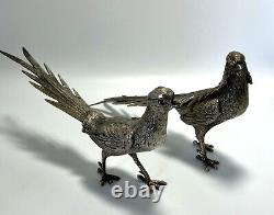 Figurines de faisan en métal ITALIE Vtg Mâle & Femelle Paire Plaqué Argent 13 pouces de long