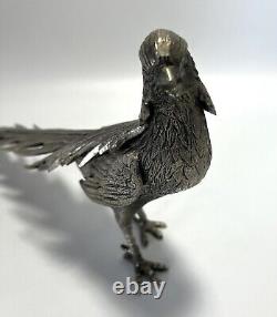 Figurines de faisan en métal ITALIE Vtg Mâle & Femelle Paire Plaqué Argent 13 pouces de long