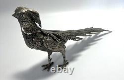 Figurines de faisan en métal ITALIE Vtg Mâle & Femelle Paire Plaqué Argent 13 pouces de long