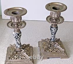 Joli ensemble de candélabres en céramique argentée antique / vintage - 7 1/4 pouces
