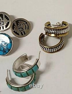 Lot de 11 boucles d'oreilles en turquoise Hopi Zuni Navajo du Mexique en argent sterling 925 de style rétro vintage