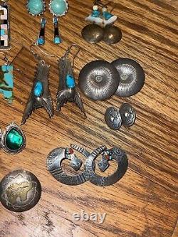 Lot de 21 Paires de Boucles d'Oreilles Navajo en Argent Sterling et Turquoise Vintage