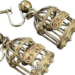 Lot de 3 paires de boucles d'oreilles à vis vintage en argent sterling, motif cage à oiseaux, dé à coudre et portail shinto.