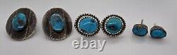 Lot de 3 paires de boucles d'oreilles vintage en argent sterling et turquoise amérindiennes