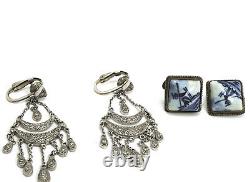 Lot de 7 paires de boucles d'oreilles clips en argent sterling vintage Marcasite, Delft et plus