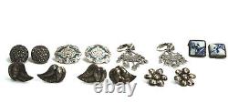 Lot de 7 paires de boucles d'oreilles clips en argent sterling vintage Marcasite, Delft et plus