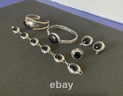 Lot de bijoux modernistes en onyx noir en argent sterling 925 Vtg Bracelets, Boucles d'oreilles +