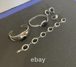 Lot de bijoux modernistes en onyx noir en argent sterling 925 Vtg Bracelets, Boucles d'oreilles +