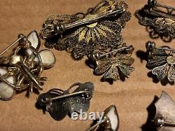 Lot vintage de 8 épingles à papillons dispersées + une paire de boucles d'oreilles en costume argenté de Taxco