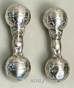 Matching Pair 2 Vintage Tiffany & Co. Argent Sterling Baby Rattle Circus Bears