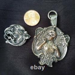 Pair Antique Art Nouveau Sterling Silver Slide Locket & Vintage Broch/pendentif