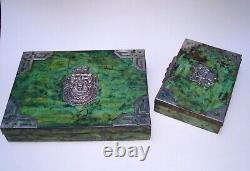 Pair Antique Vtg Mexique Aztec Maya Cooper & Sterling Argent Cigarette Box