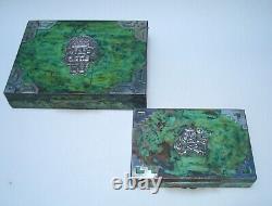 Pair Antique Vtg Mexique Aztec Maya Cooper & Sterling Argent Cigarette Box
