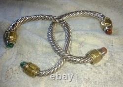 Pair Vintage 925 Argent Sterling Malachite Câble Cuff Bracelets Taxco Mexique