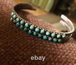 Pair Vintage Navajo 1930-50s Snake Eye Turquoise Row Stamped Silver Bracelets