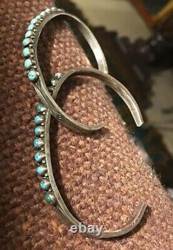 Pair Vintage Navajo 1930-50s Snake Eye Turquoise Row Stamped Silver Bracelets