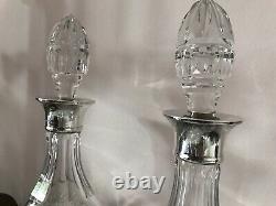 Pair Vintage Silver Mounted Cut Crystal Decanters Par Roberts & Dore London 1972
