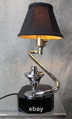 Pair Vtg 1930's S-shaped Machine Age Art Déco Chrome - Black Glass Lamps