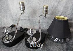 Pair Vtg 1930's S-shaped Machine Age Art Déco Chrome - Black Glass Lamps