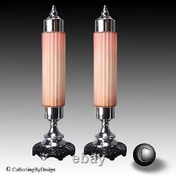 Pair Vtg Machine Age Skyscraper Déco Chrome & Coral Budoir Lampes C. 1937 Restored