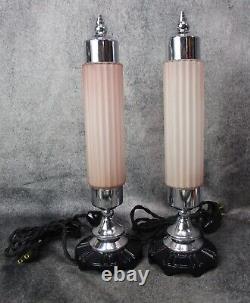 Pair Vtg Machine Age Skyscraper Déco Chrome & Coral Budoir Lampes C. 1937 Restored