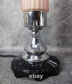 Pair Vtg Machine Age Skyscraper Déco Chrome & Coral Budoir Lampes C. 1937 Restored