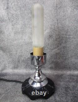 Pair Vtg Machine Age Skyscraper Déco Chrome & Coral Budoir Lampes C. 1937 Restored