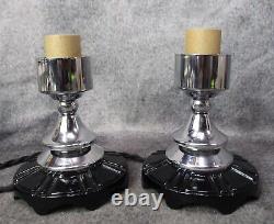 Pair Vtg Machine Age Skyscraper Déco Chrome & Coral Budoir Lampes C. 1937 Restored