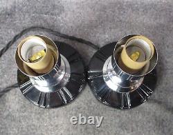 Pair Vtg Machine Age Skyscraper Déco Chrome & Coral Budoir Lampes C. 1937 Restored