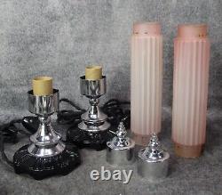 Pair Vtg Machine Age Skyscraper Déco Chrome & Coral Budoir Lampes C. 1937 Restored