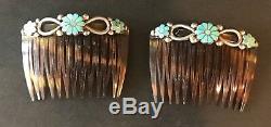 Pair Vtg. Zuni Pince À Cheveux Turquoise En Argent Sterling Avec Incrustation D'amérindienne