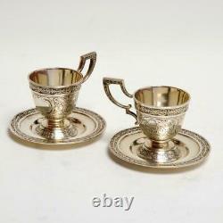 Paire (2) Mauser Vintage Pour Brand-hier, Chased Sterling Demitasse Cups & Saucers