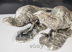 Paire Antique Vintage de Sculptures en Métal Argenté de Faisans 19 x 5 x 3